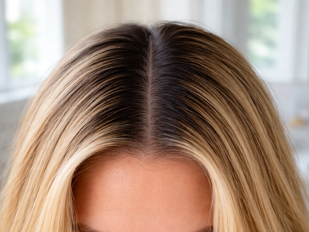 Close-up of hair with visible root regrowth over previously colored highlights, soft natural lighting.
