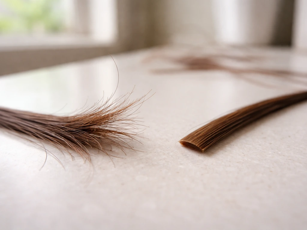 Close-up of severely split hair ends beside a neatly trimmed strand, showing cutting can fix breakage