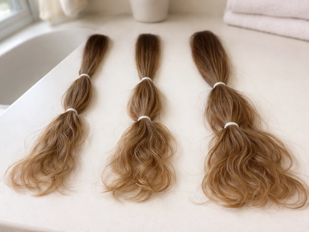 Close-up of woman’s hair on a bathroom counter showing three simple length stages with hair ties