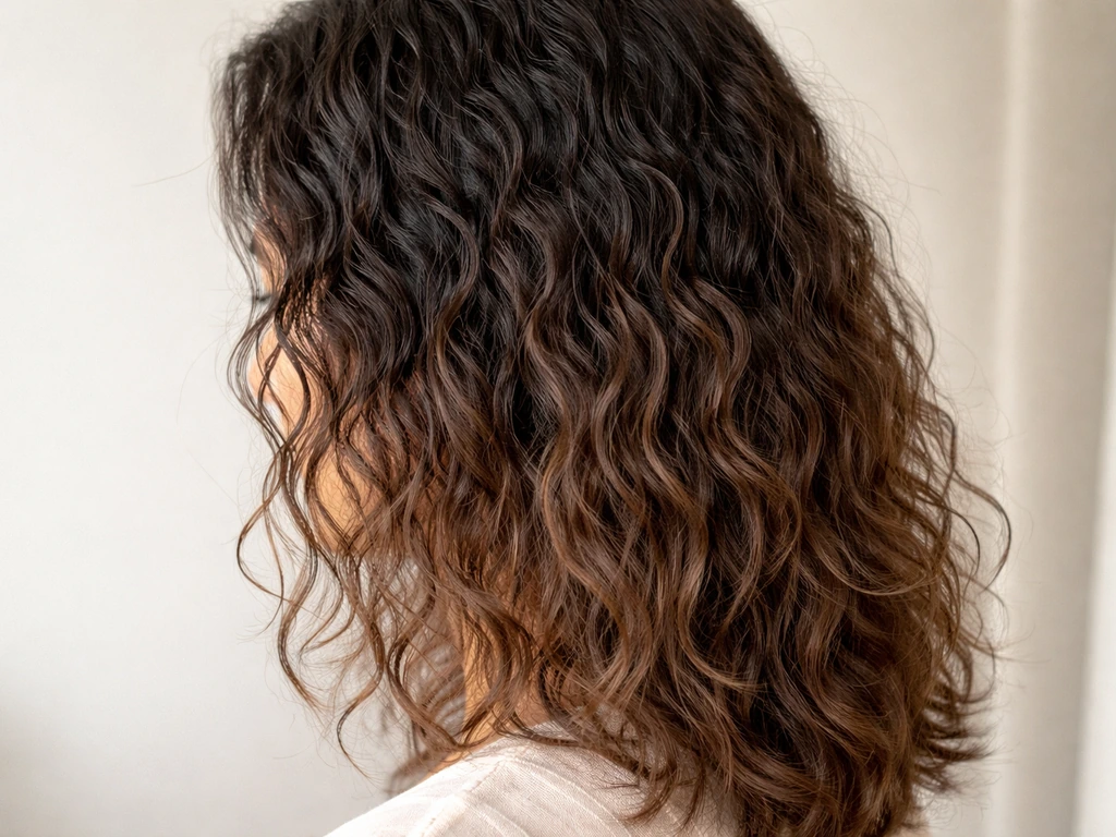 Close-up of hair at different lengths showing new curls at roots and looser perm ends