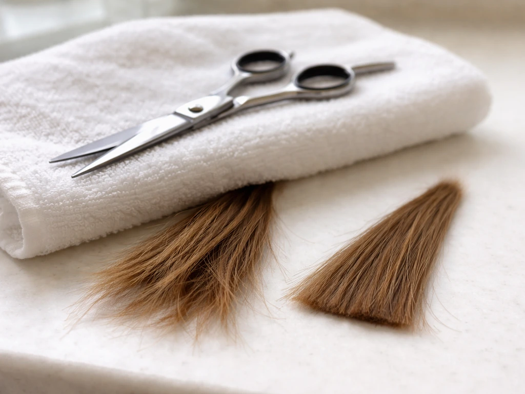 Minimal hair-care scene showing scissors trimming split ends with a subtle before/after look