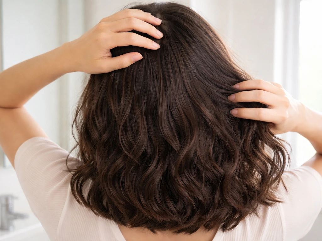 Person gently smoothing two-texture hair with defined roots and softer ends in a bright bathroom