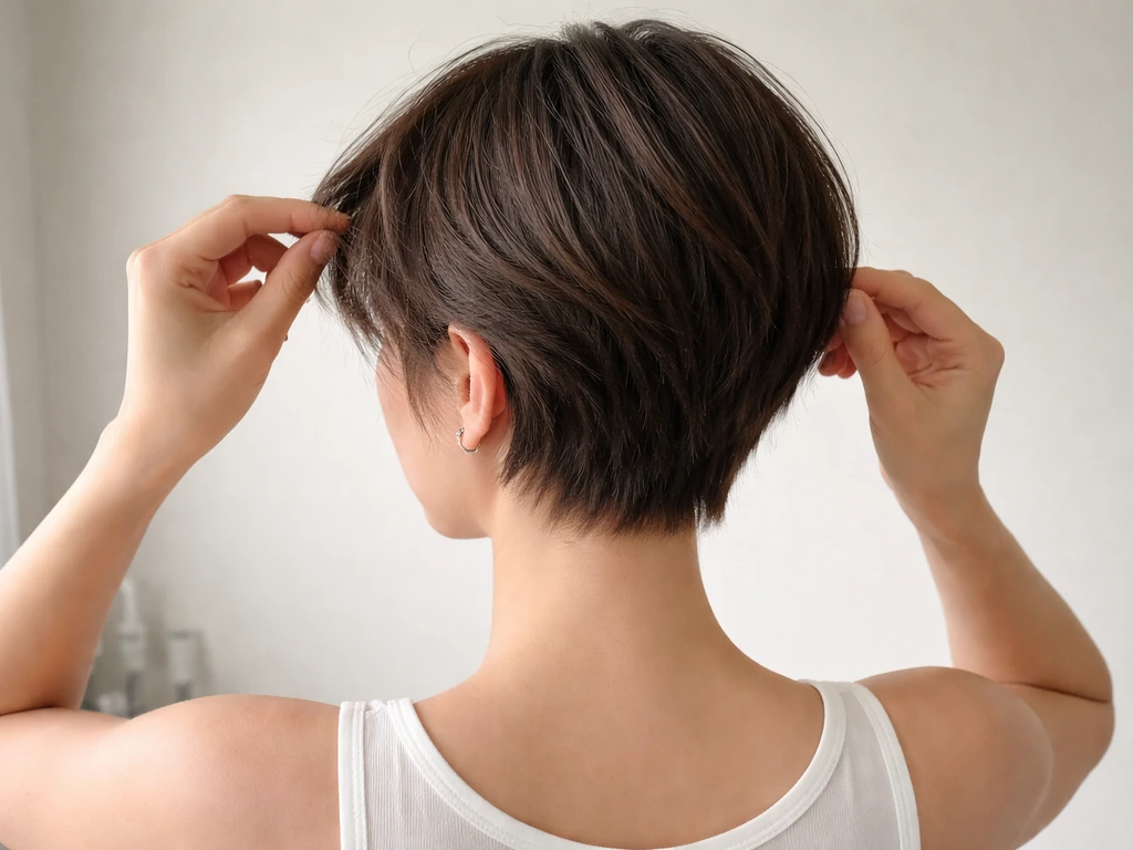 Person with a short pixie bob holding a small section of hair, showing the awkward grow-out stage.
