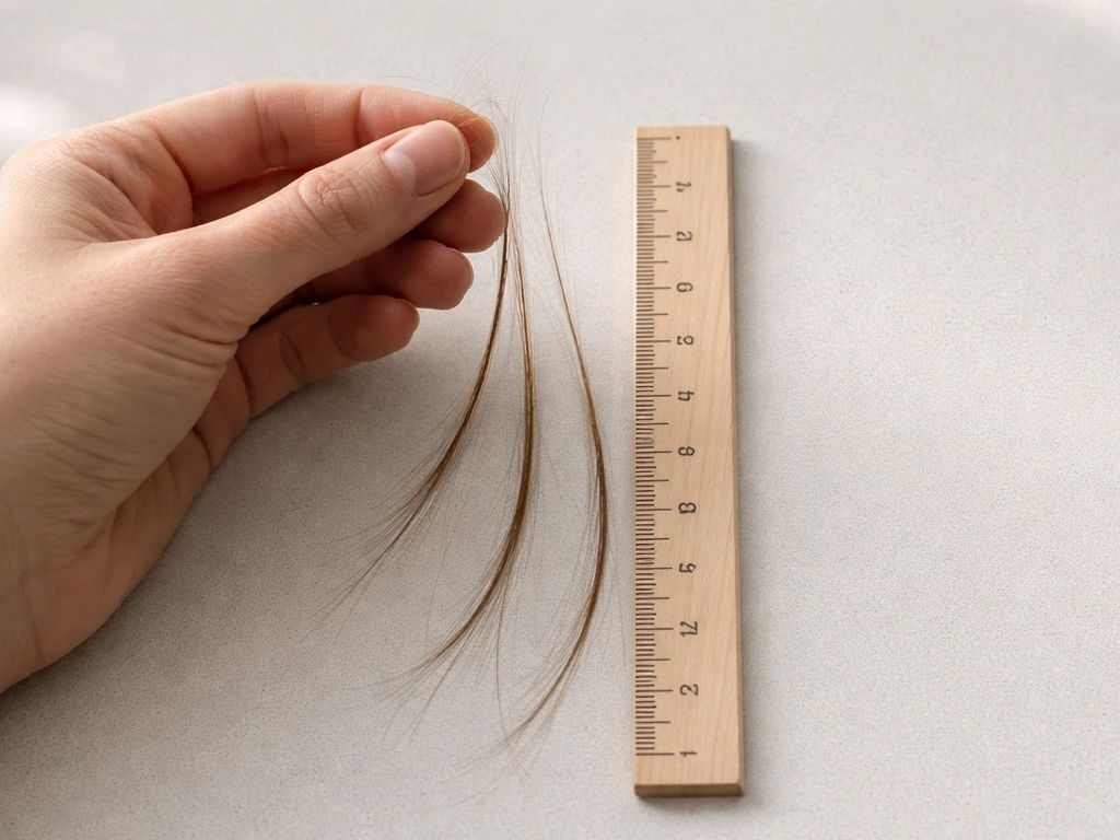 Hand holding a few hair strands beside a ruler with centimeter marks, showing a simple growth timeline