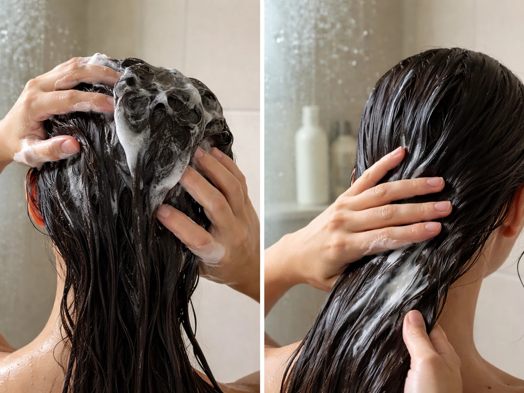 Anonymous hands lather shampoo and apply conditioner on hair in a simple shower setting.