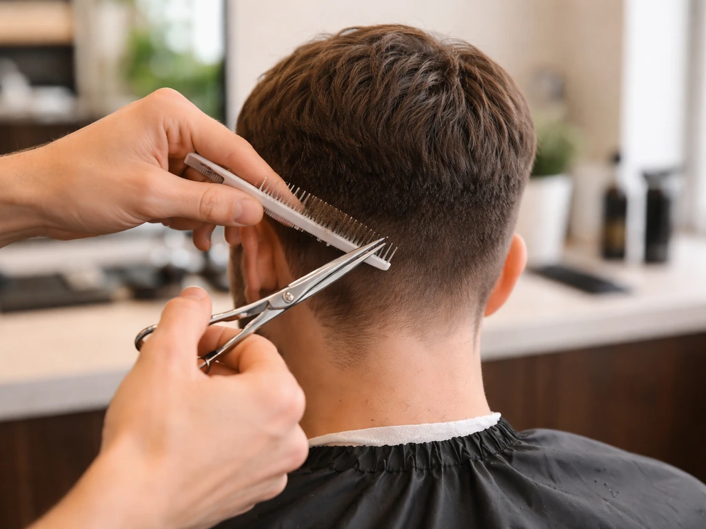 Barber trimming a short uneven haircut at a clean salon station with scissors and comb