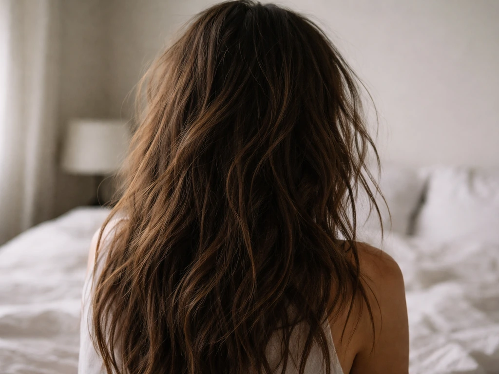 Close-up of messy long hair with natural root volume and tousled piecey texture in soft morning light.