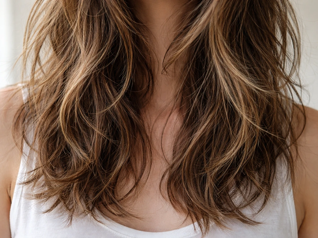 Close-up of long hair with piecey, lived-in tousled texture and root-to-mid volume