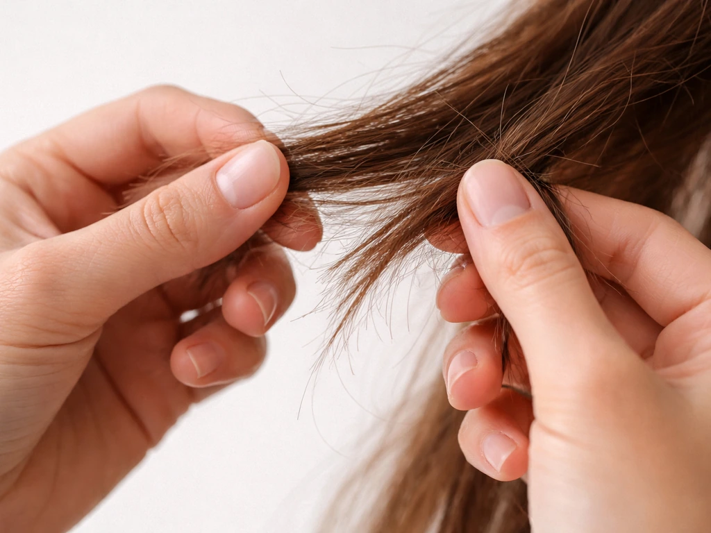 Close-up of fingers gently checking hair ends for roughness, tangles, and possible breakage