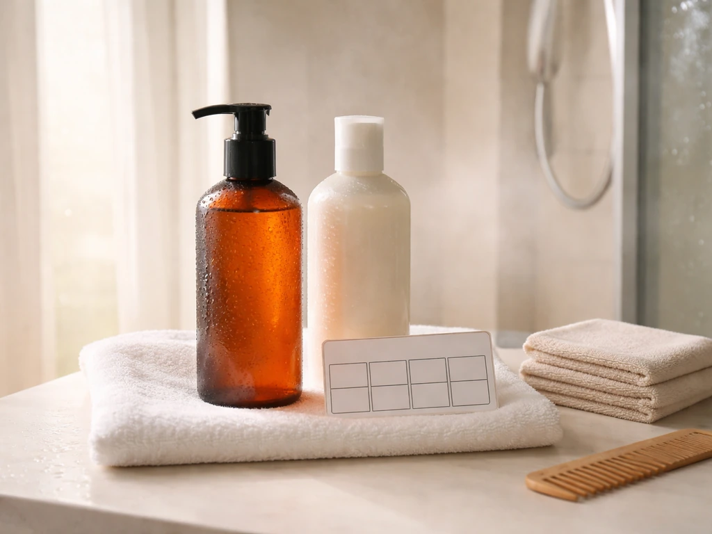 Minimal bathroom countertop with neatly arranged hair-care products and a simple schedule card for fewer washes.