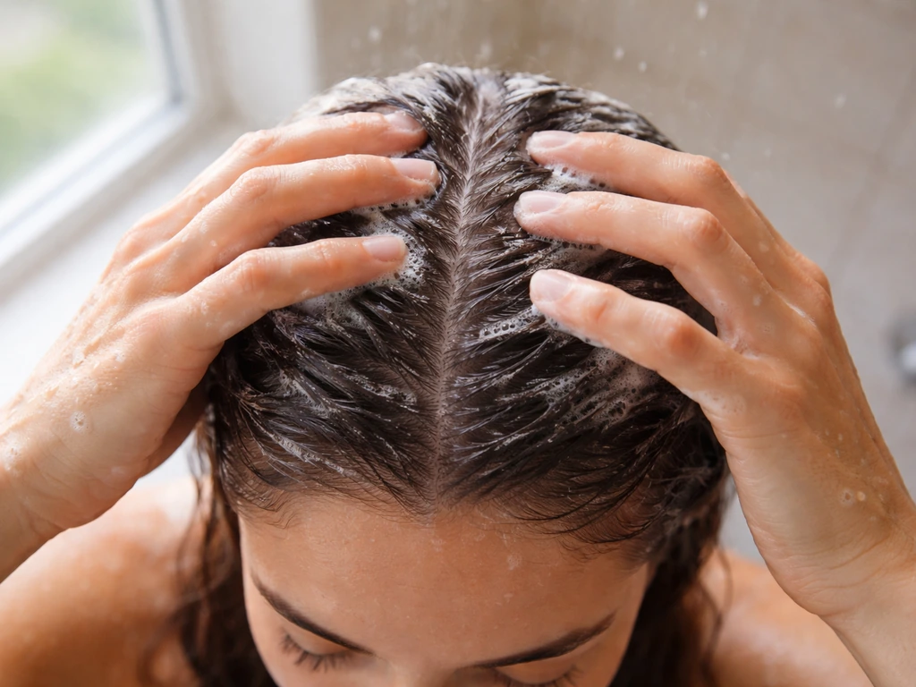 Top-down view of hands gently massaging scalp at the hairline while shampooing in a simple shower.