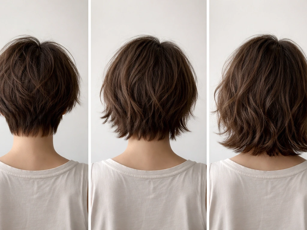 Three close-up views of a messy-textured haircut lengthening from short-to-chin to neck-to-shoulder.