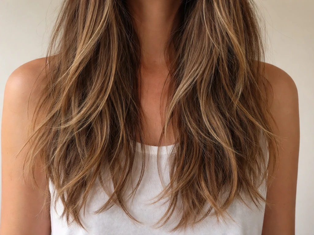 Close-up of long layered hair past the collarbone with product-defined roots and tousled ends.
