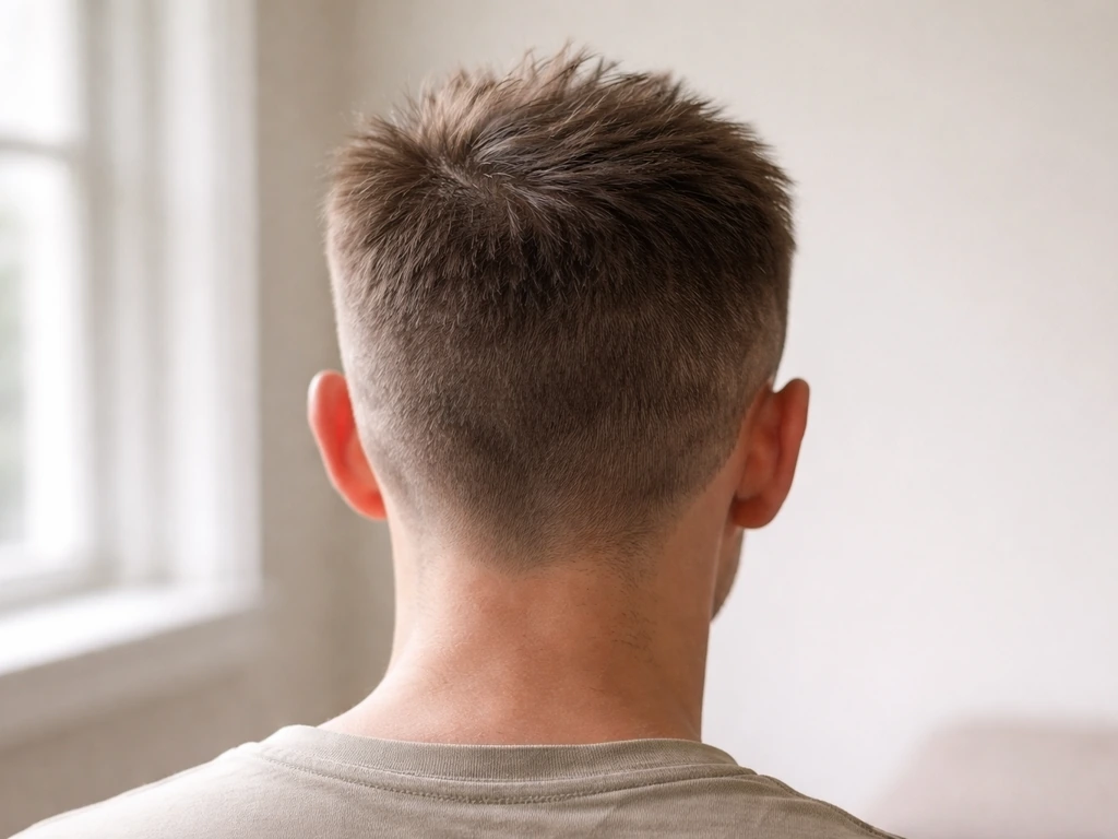 Close-up of a very short buzz cut showing uneven hair growth sticking up and flattening awkwardly