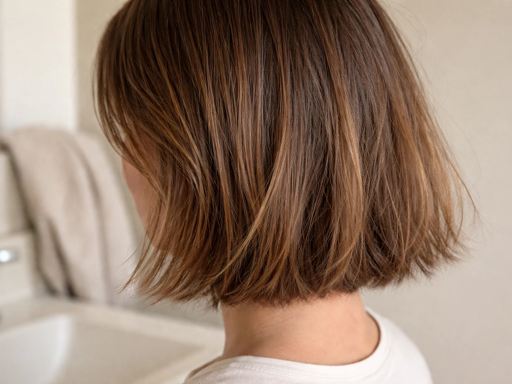 Close-up of a chin-length bob hair grow-out with frizzier, flattened ends on a simple bathroom sink.