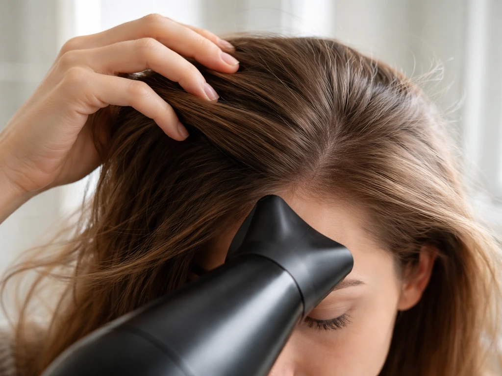 Anonymous person’s hands and hair being blow-dried against a cowlick to smooth flyaways.