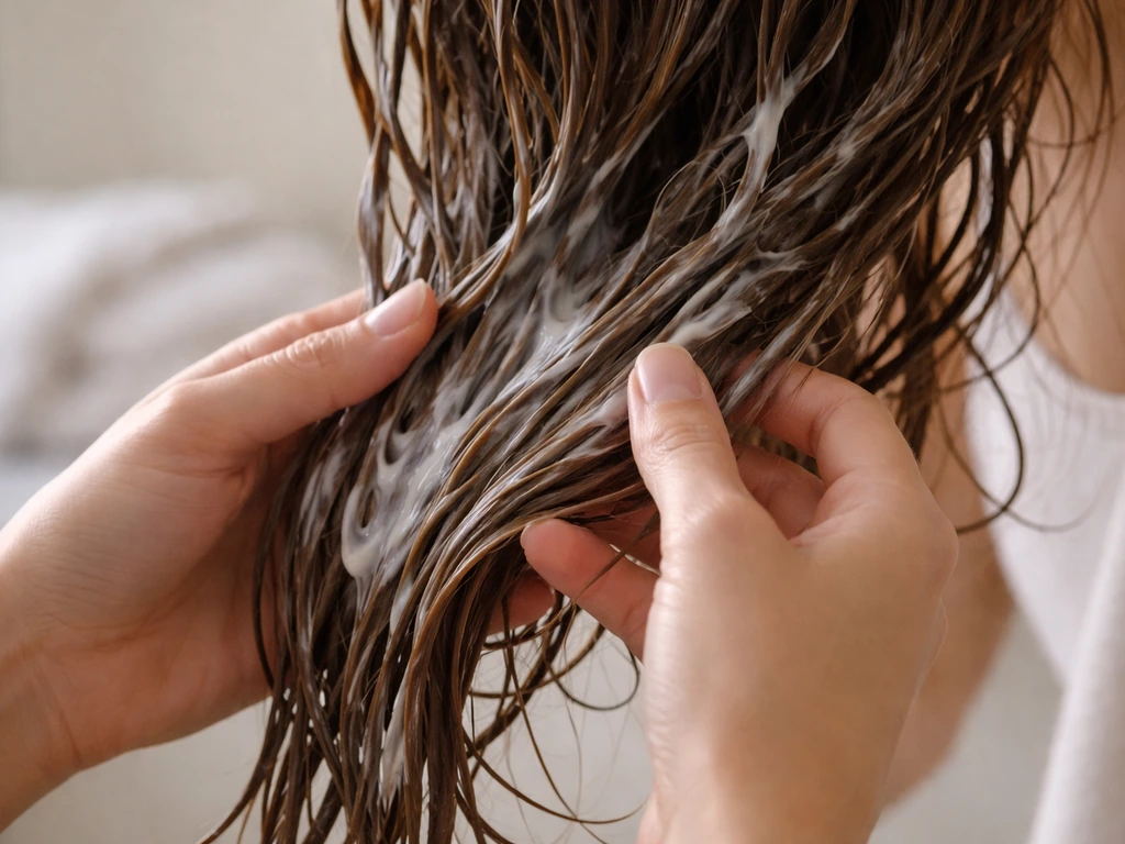 Close-up of hands gently detangling hair with conditioner from the ends in a simple bathroom setting