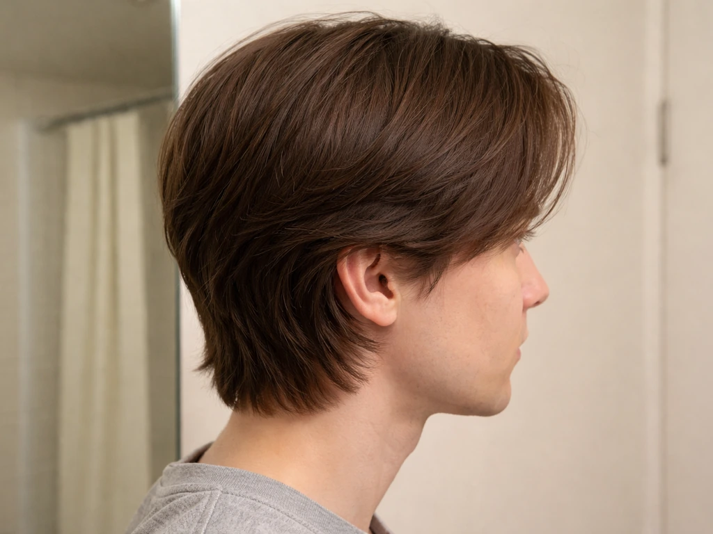 Ear-level hair grow-out with sides lying naturally toward jaw-grazing length in soft daylight.