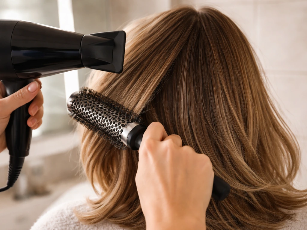 Hands blow-dry hair with a round brush, directing strands downward for control at the flip-out zone.