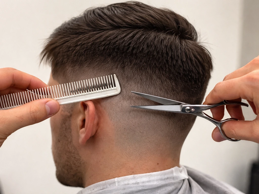 Anonymous hands using scissor-over-comb and a comb guide on side hair with a visible blend line before/after.
