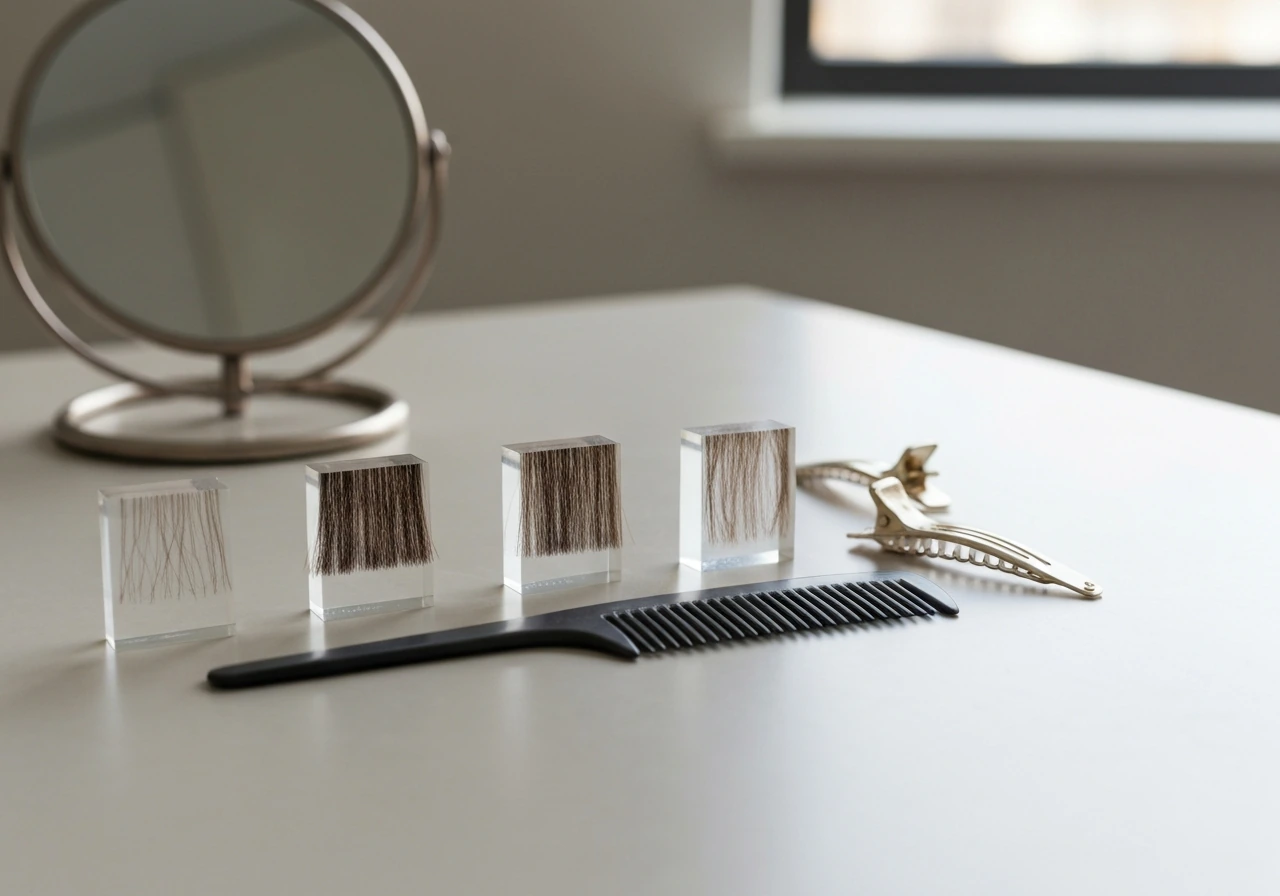 Minimal timeline photo showing a chin-length bob growth sequence with soft hair strands and hair tools