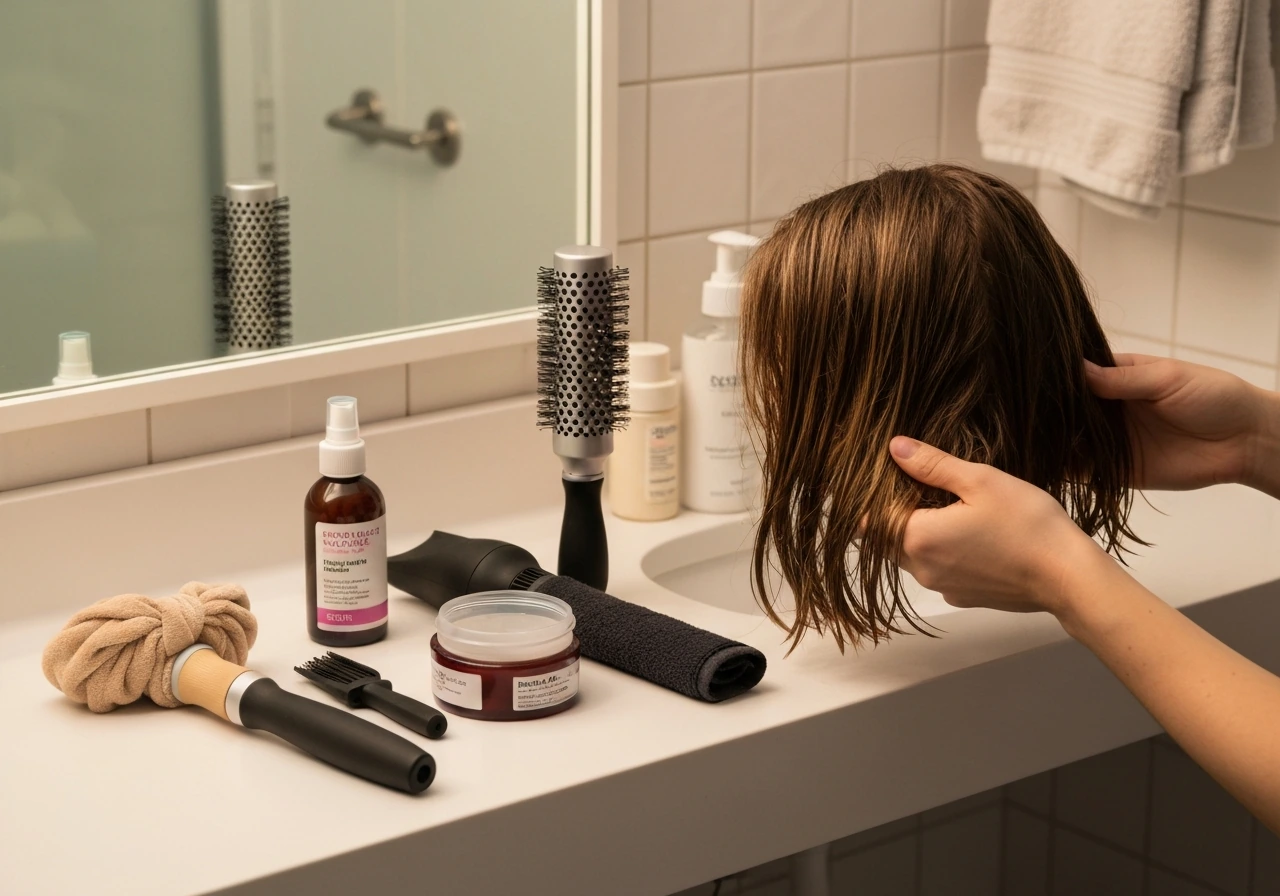 Bathroom counter styling setup with headband, round brush, heat protectant, cream, and chin-to-collarbone hair.