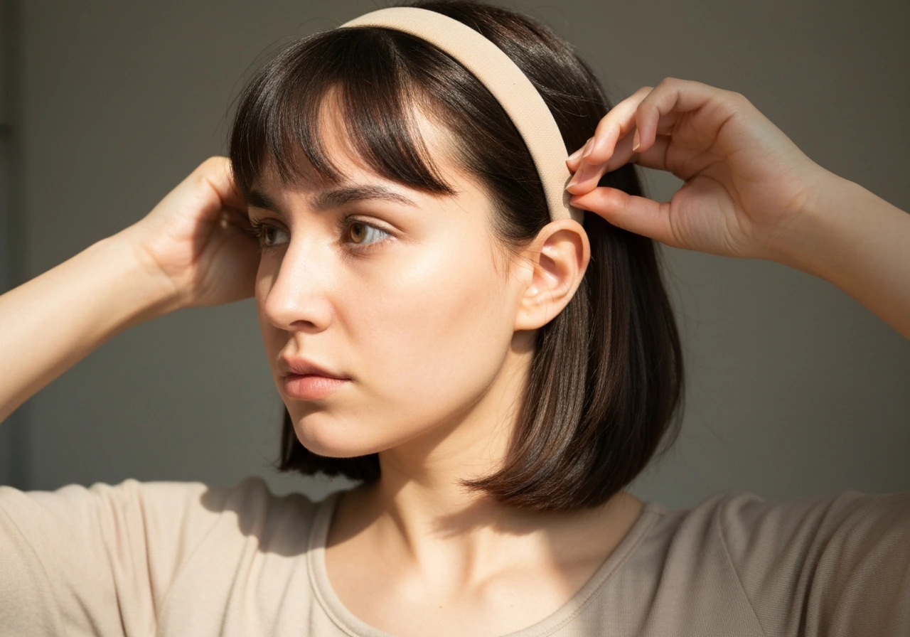 Close-up of a model adjusting a wide headband to tame hair around the neck and ears