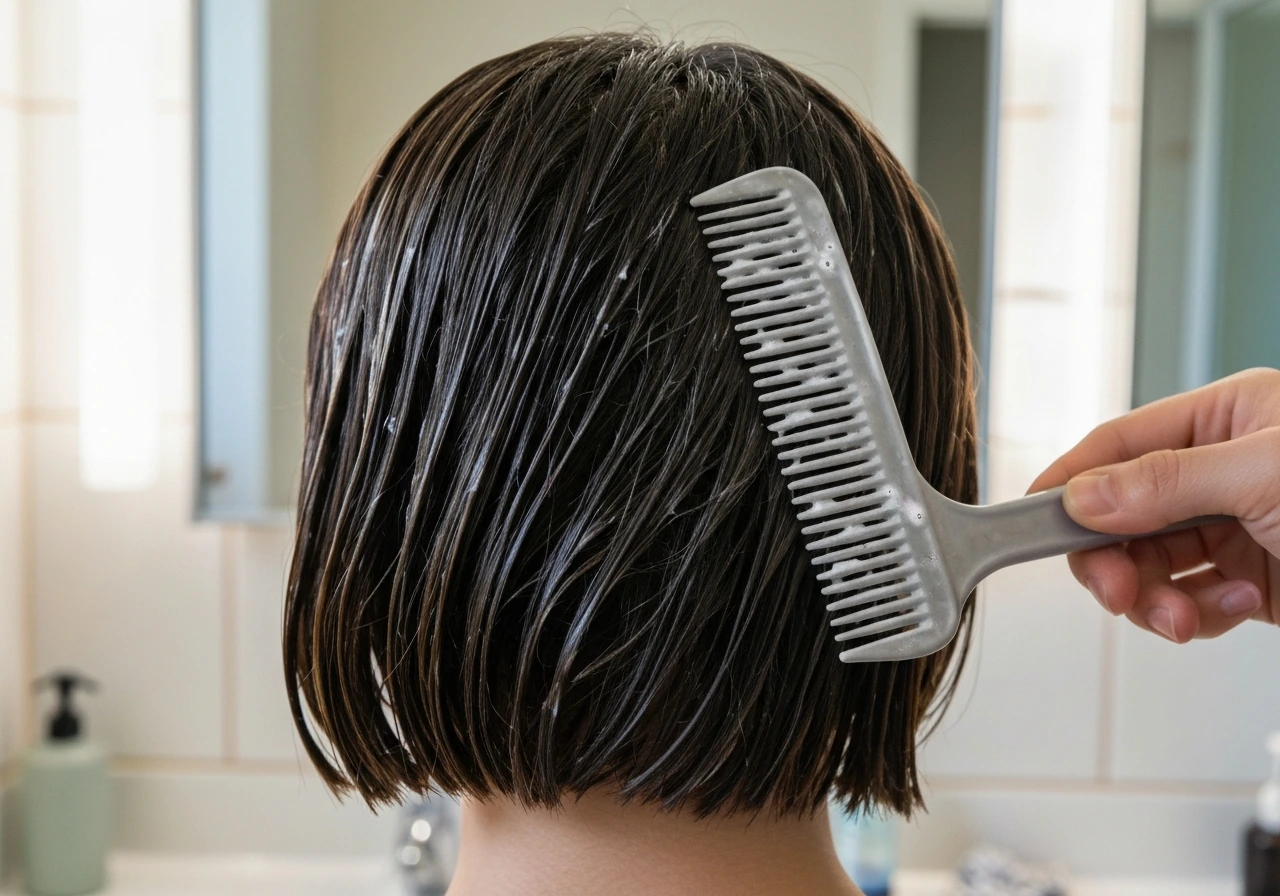 Damp bob hair at the nape with visible tangles as a wide-tooth comb gently detangles near the ears.