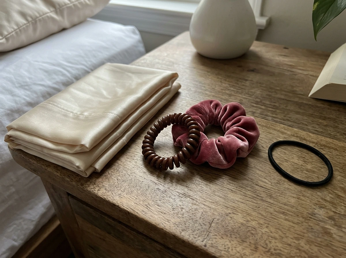 Spiral and fabric-cove hair ties vs standard elastic band near pillowcase