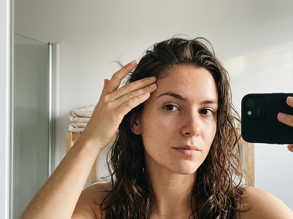 Scalp massage fingertips applied at hairline for faster-feeling growth