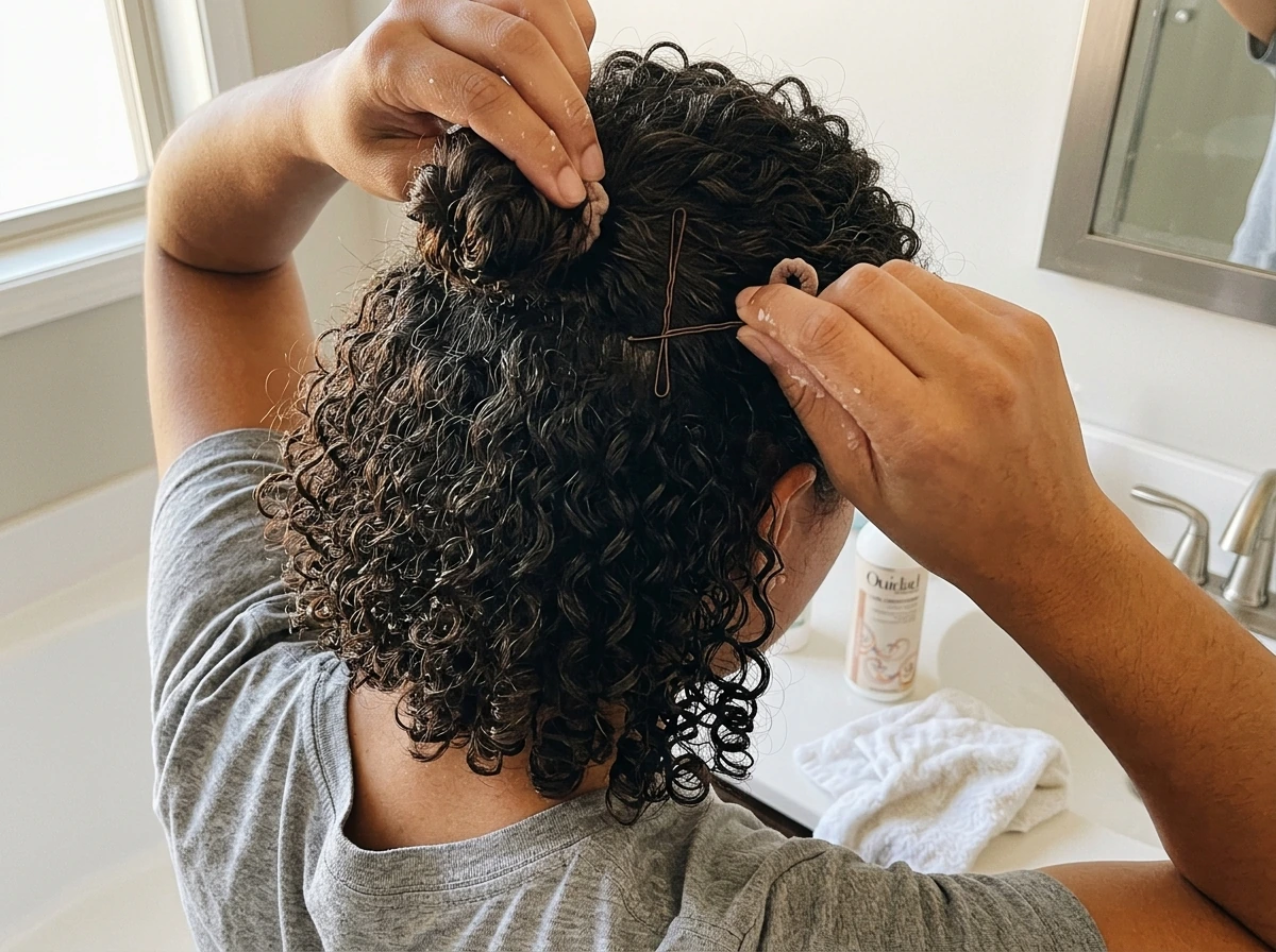 Curl-defined wash-and-go leading into a half-up bun stage