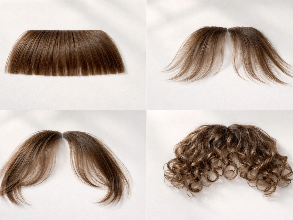 Hair samples showing straight, wispy, curtain, and curly fringes on a clean white background.