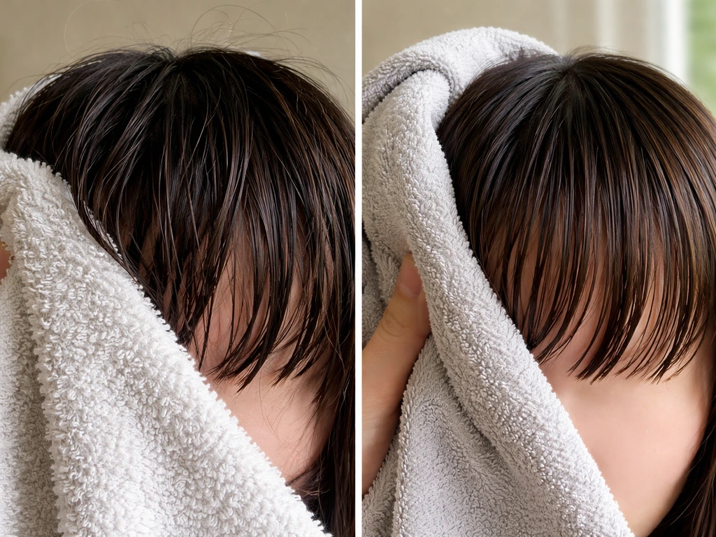 Split image of left: rough towel rubbing frizzy fringe; right: gentle microfiber/air drying smoother fringe.