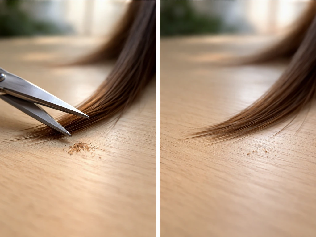 Two side-by-side close-ups of scissors trimming hair tips—tiny micro-trim vs minimal removal to keep length.