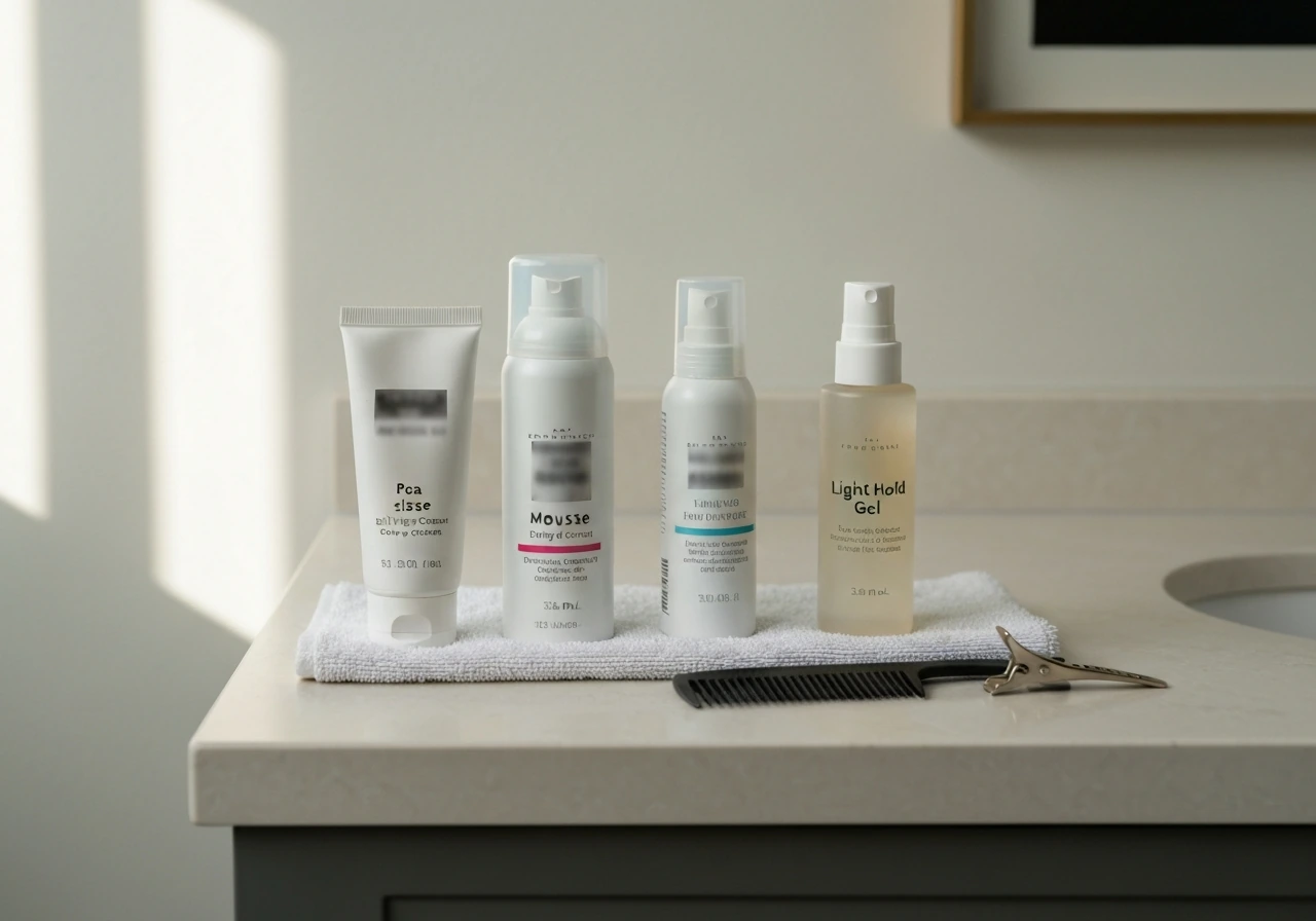 Three hair styling products for light hold and part training arranged neatly on a bathroom counter.