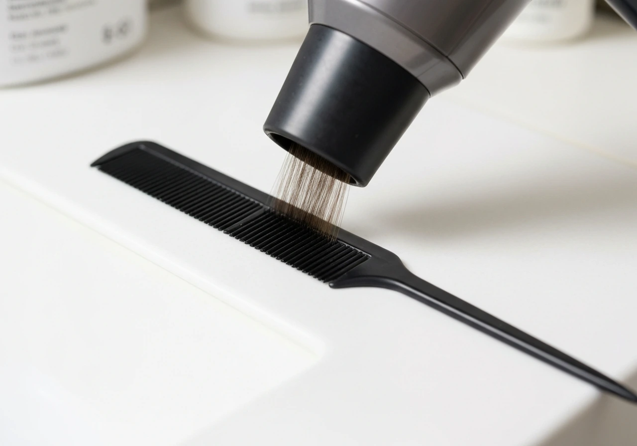 Rat-tail comb creating a center line while a blow-dryer nozzle directs airflow near the hair roots.
