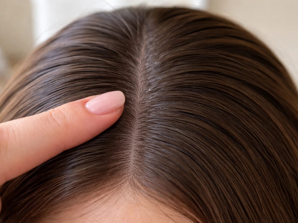 Close-up of hair center part with flyaways being smoothed down using a fingertip and clear gel.