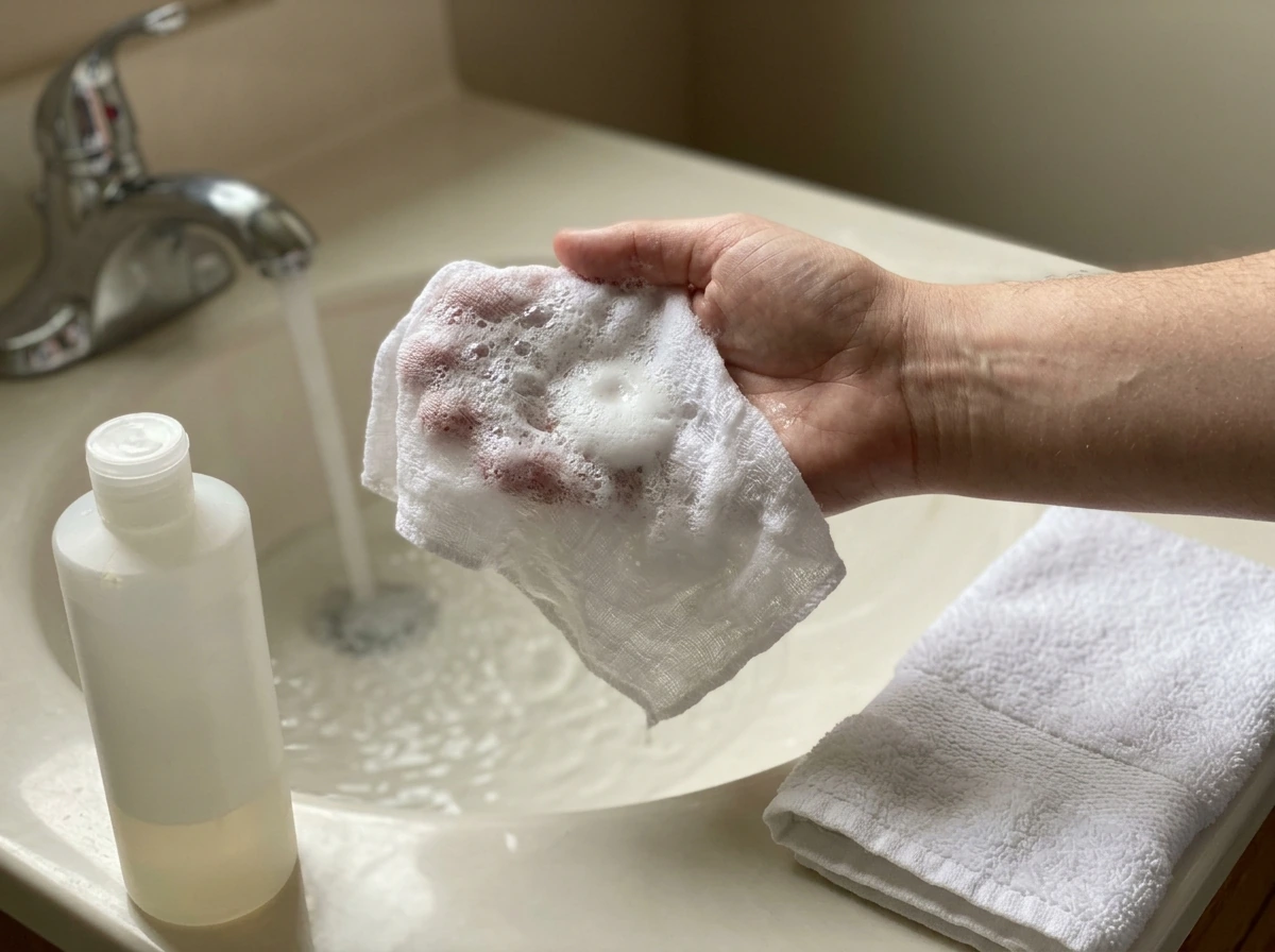 Fragrance-free cleanser lather on a soft washcloth with lukewarm water for gentle cleansing