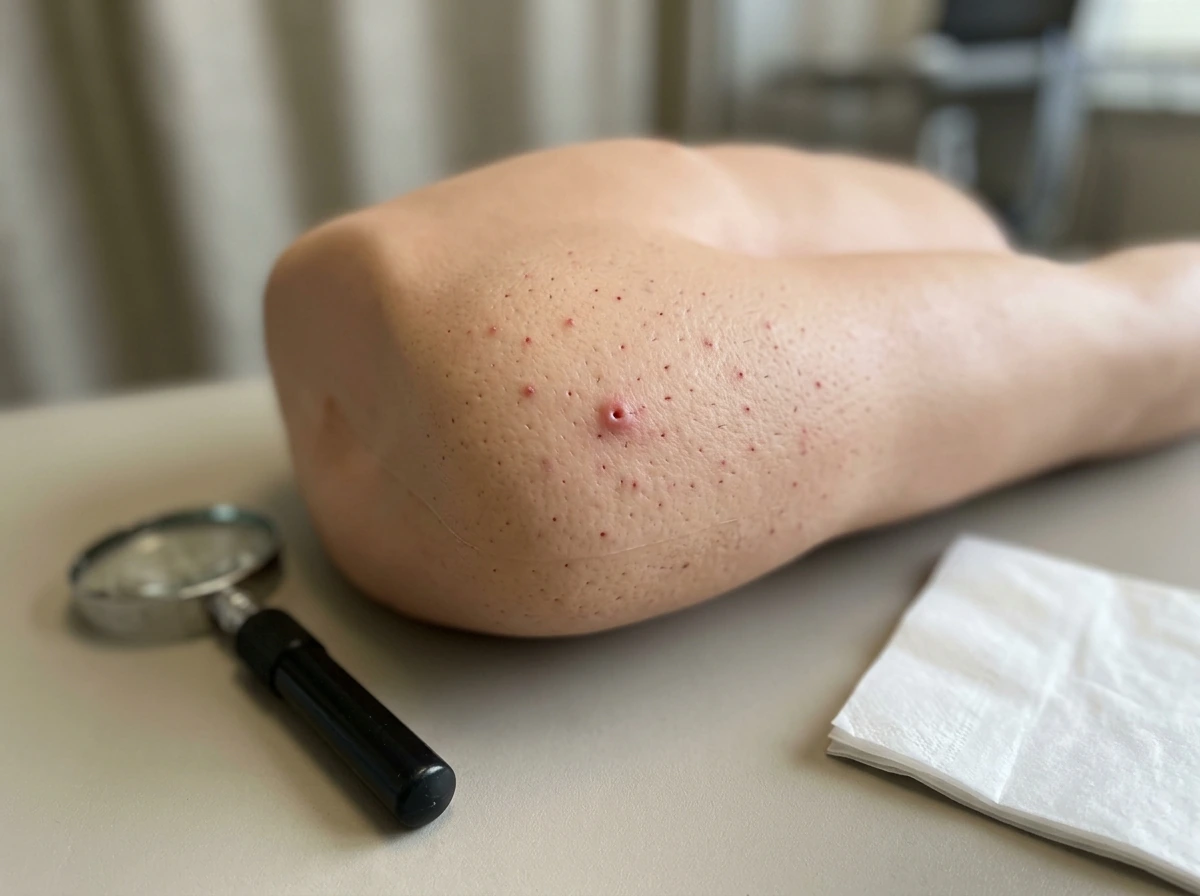 Educational close-up simulation of folliculitis-like red bumps on a training model