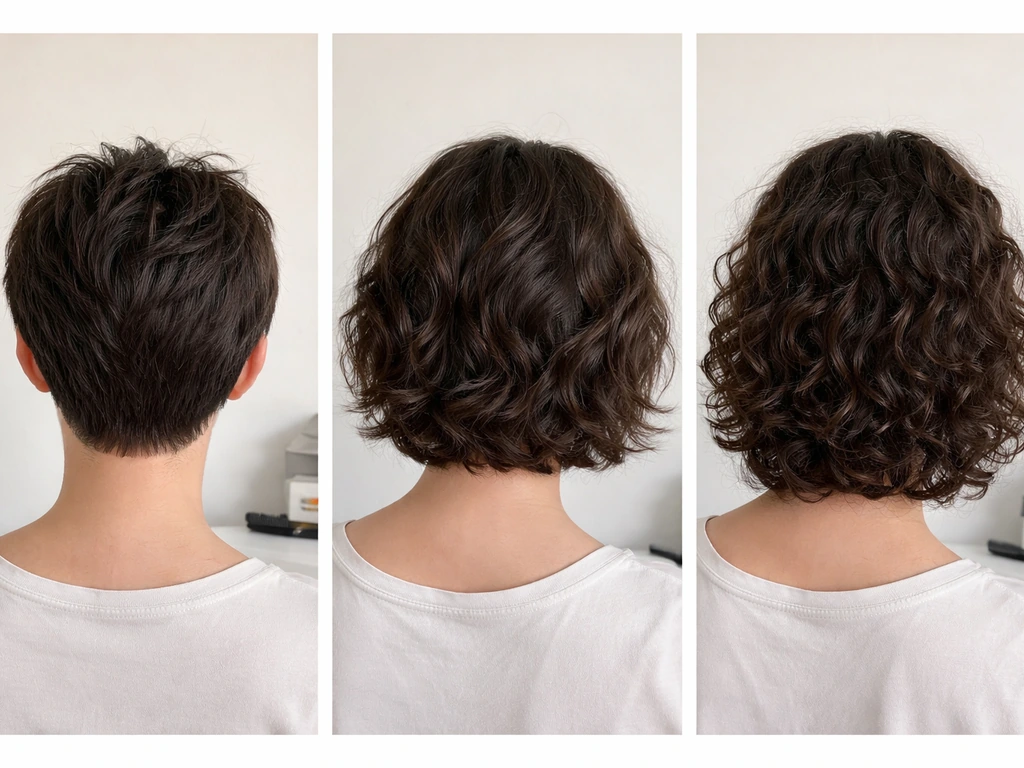 Photo collage showing straight, wavy, and curly hair grow-out styling phases from short to shoulder length.