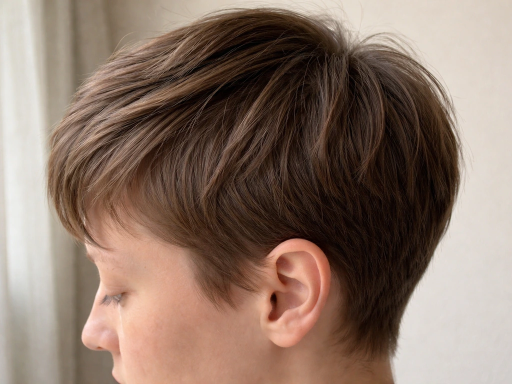 Close-up of a person’s short pixie hair styled with light pomade, showing controlled texture near the scalp