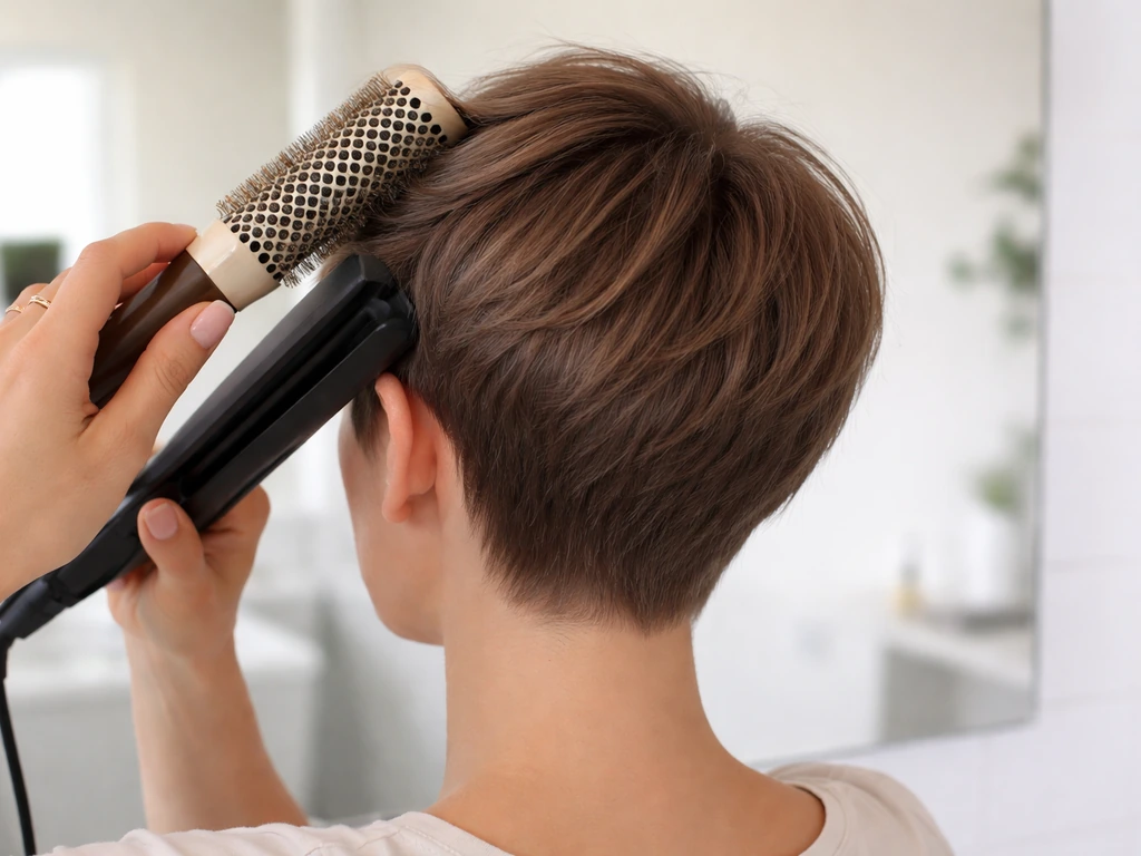 Anonymous person styling short pixie-to-ear-length hair with round brush and flat iron in a bright bathroom