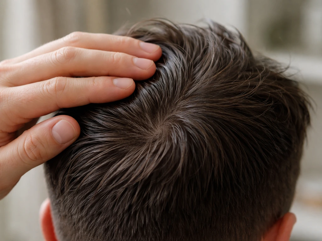 Hand smoothing styling product into a cowlick on short hair, close-up, minimal bathroom lighting.