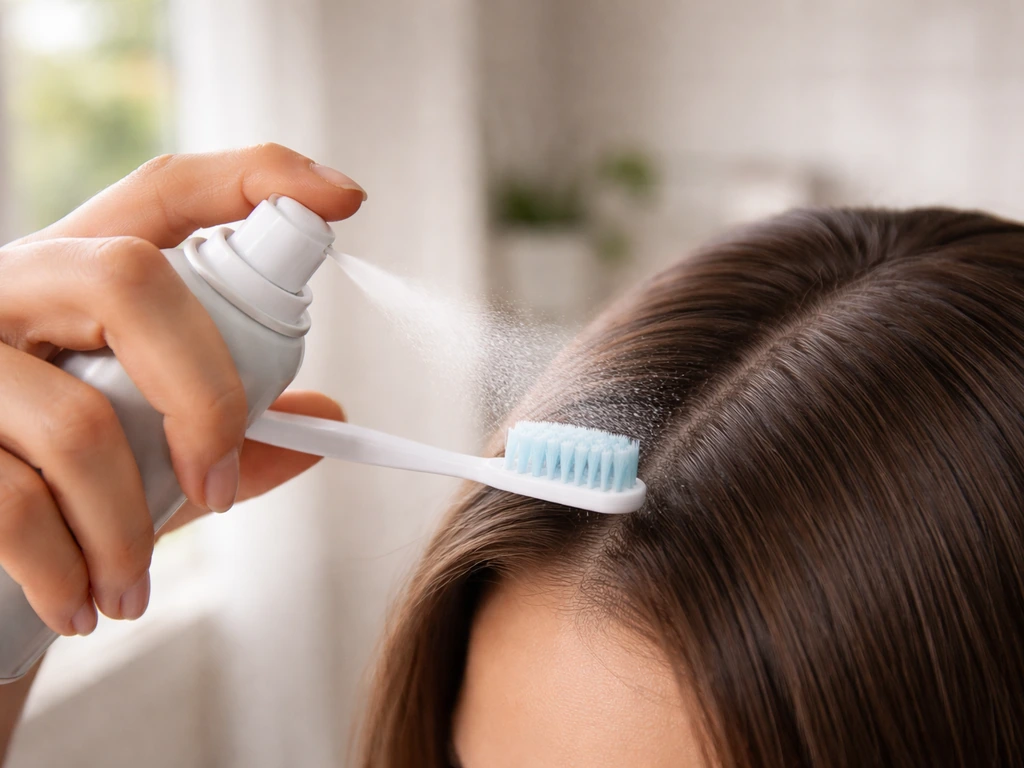 Close-up of a toothbrush applying light-hold hairspray to smooth flyaway strands in natural light.