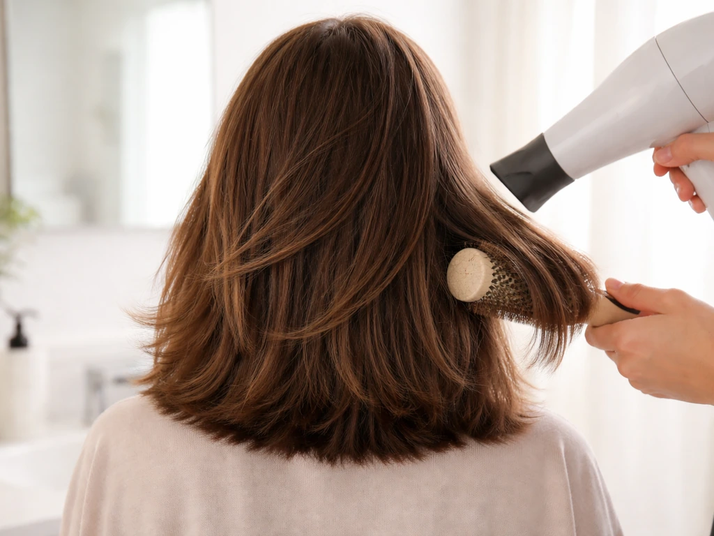 Back view of puffy grow-out hair being smoothed with a round brush and blow-dryer in bright bathroom light.