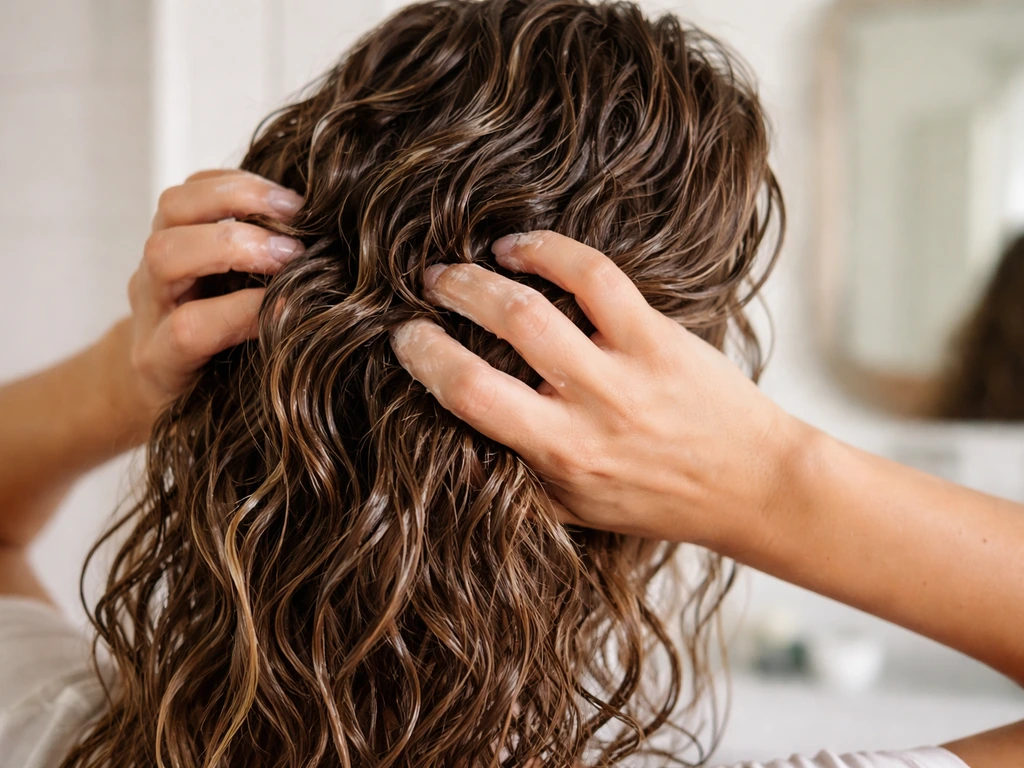 Hands scrunching damp wavy hair with curl cream to encourage natural movement during grow-out.