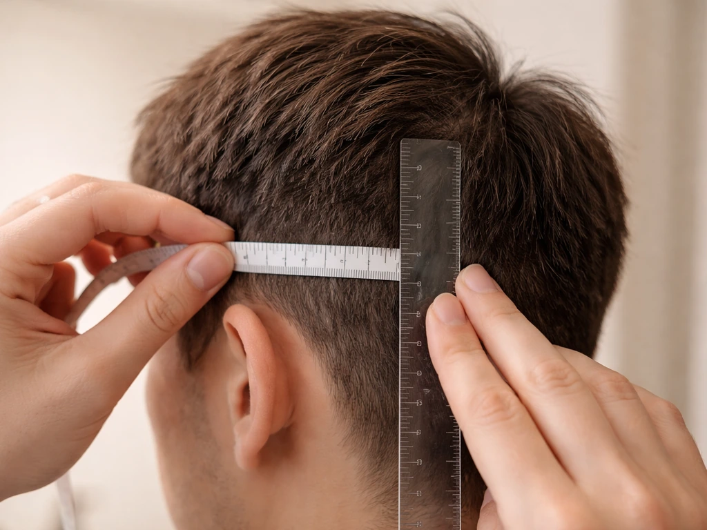 Close-up of a ruler or tape measure laid flat against the scalp to measure side length