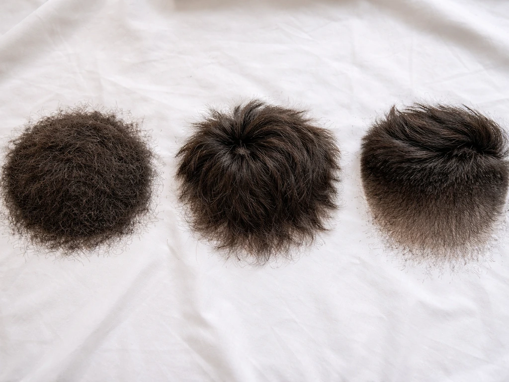 Top-down view of three anonymous hair sample sections showing buzz, pixie, and fade starting cut patterns
