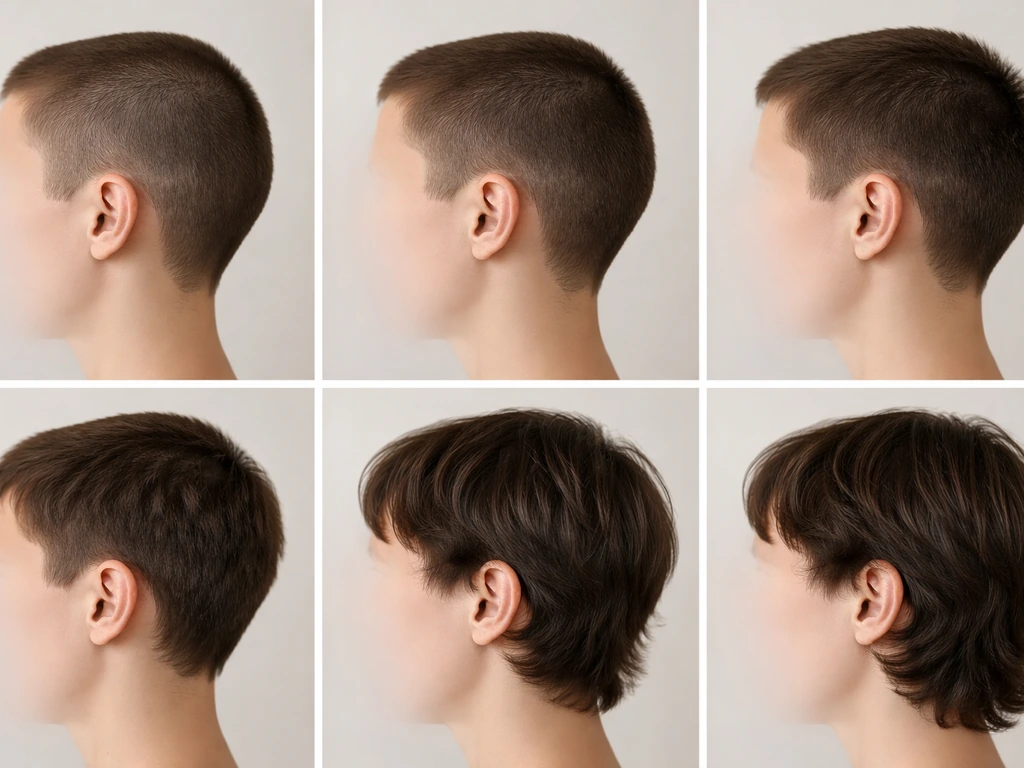 Six-panel photo sequence showing a haircut grow-out from stubble to past the ears