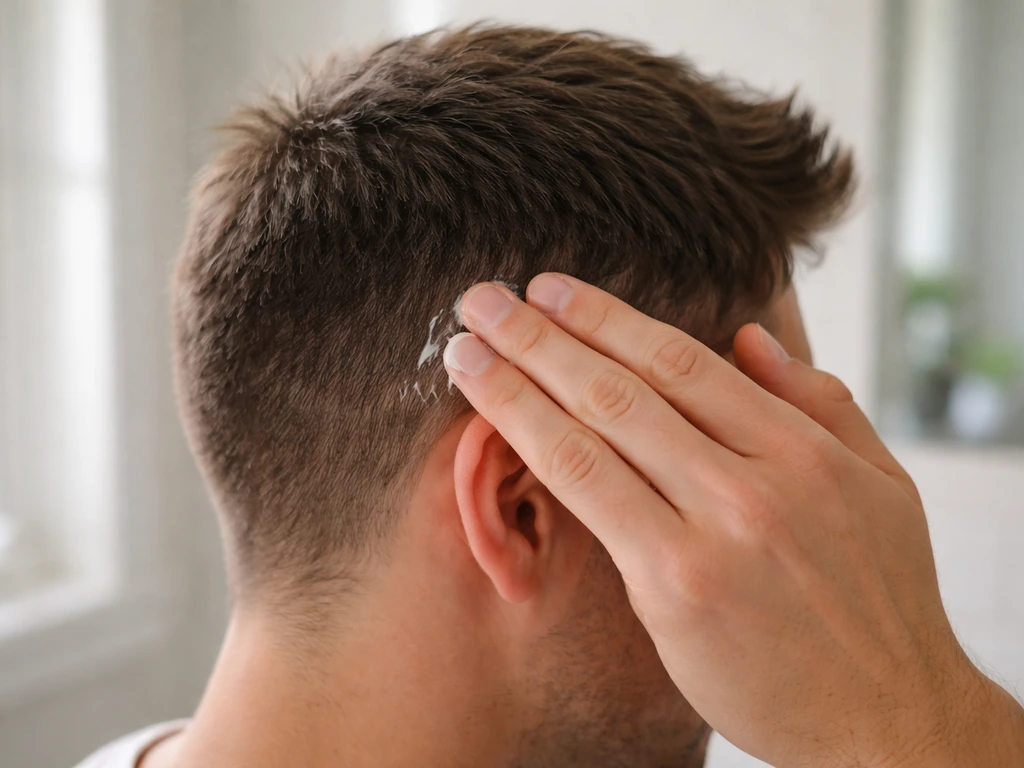 Hands applying hair styling product to short side hair, smoothing puffiness during grow-out